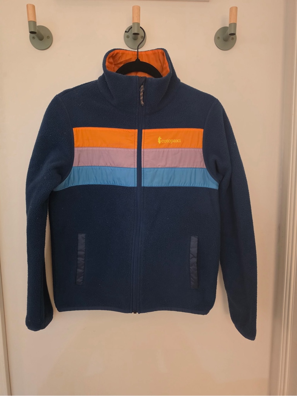 Cotopaxi Womens Navy Fleece Jacket with Orange & Blue Stripe
